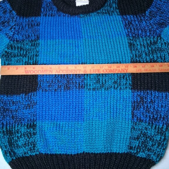 Vintage Extra Touch Hand Knit Sweater Women Size 40 Blue Black Plaid Striped - Picture 4 of 14